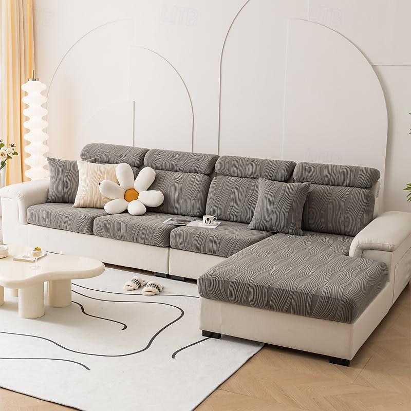 Water Resistant Sofa seat Cushion Cover Jacquard Striped Slipcover Elastic Couch Armchair Loveseat 4 or 3 Seater Grey Plain Solid Soft Durable Washable3
