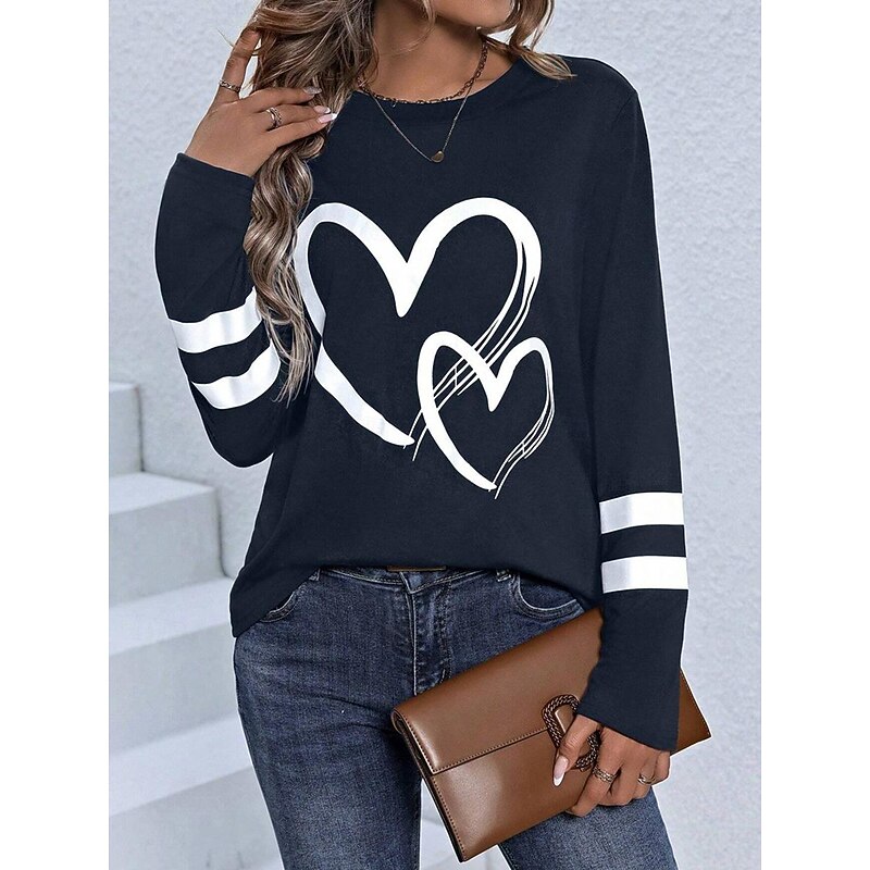 Women's T shirt Crew Neck Long Sleeve Tunic Casual Print Regular Tops Daily Navy Blue Spring Fall3