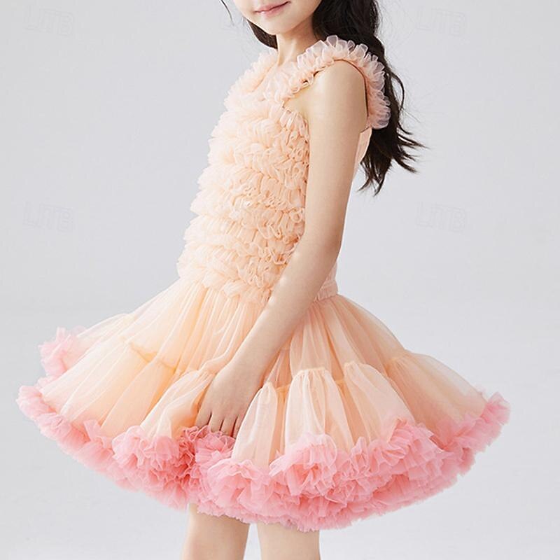 Girls' 3D Solid Color Cami Dress Sleeveless Summer Performance Party Birthday Princess Beautiful Sweet Little Kids(4-7ys) 4-7 Years Strap Dress Tulle Dress Above Knee Regular Fit4