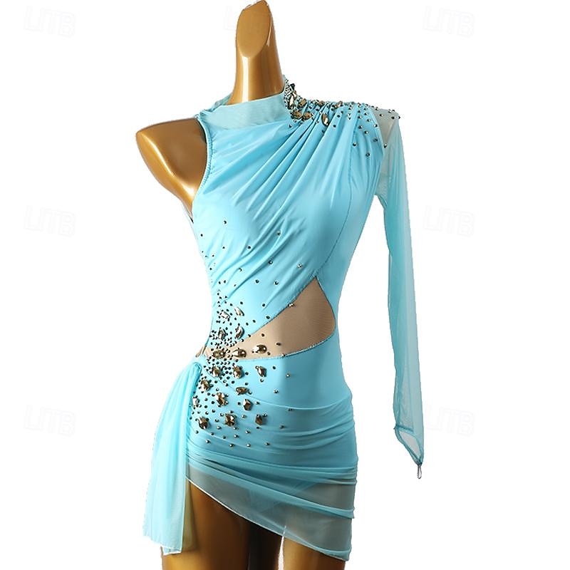 Figure Skating Dress Women's Girls' Ice Skating Dress Violet Sky Blue Patchwork Open Back Mesh High Elasticity Training Competition Skating Wear Classic Long Sleeve Ice Skating Figure Skating2