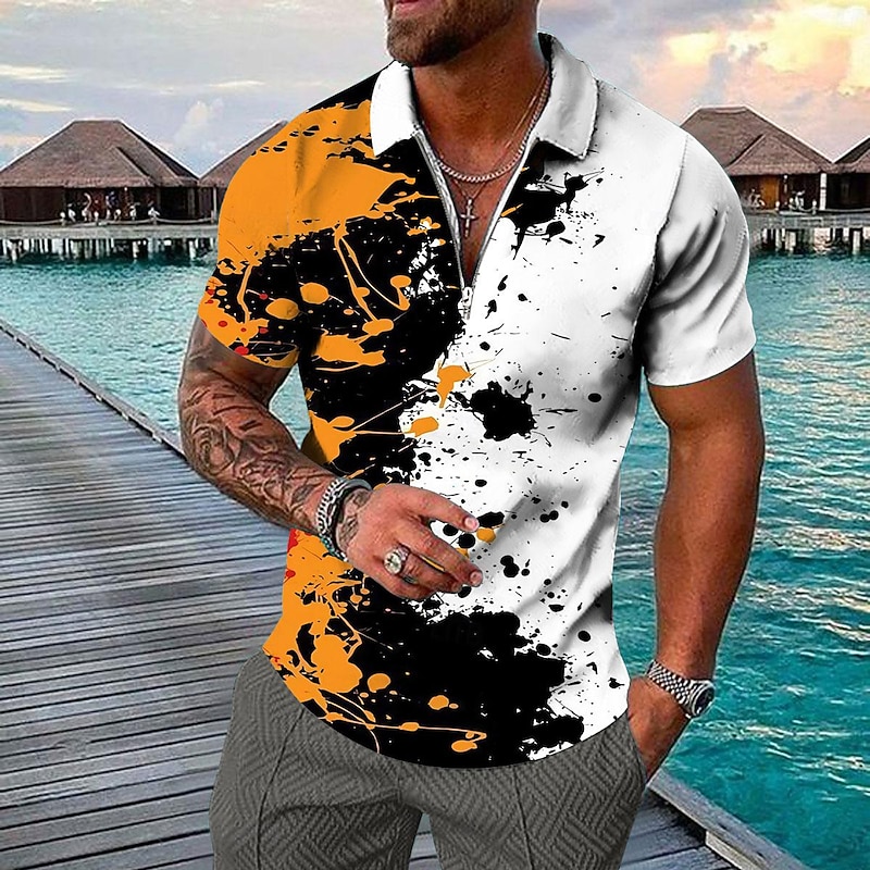 Men's Resort Hawaiian Polo Shirts Golf Shirt Short Sleeve Polo Shirts Collared Shirts Casual Beach Wear Vacation Wear Tropical Wear Party Outfits 3D Print Quarter Zip Polo White Blue Purple
