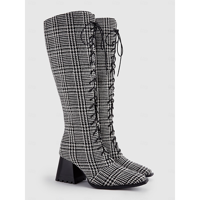 Women's Vintage Black and White Plaid Lace-Up Knee-High Boots with Block Heel for Casual Fall and Winter Fashion2