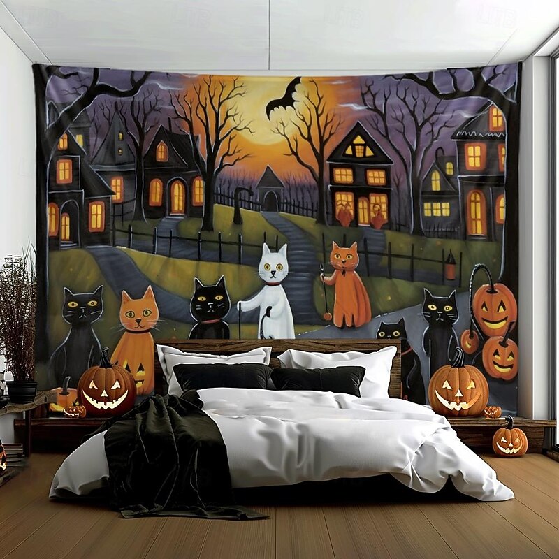Cats Hanging Tapestry Farmhouse Pumpkin Wall Art Large Tapestry Mural Decor Photograph Backdrop Blanket Curtain Home Bedroom Living Room4
