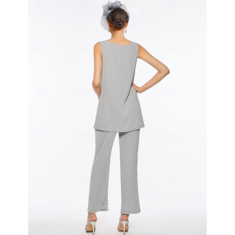 Beach Wedding Pantsuit 3 Piece Mother of the Bride  Wedding Guest Elegant Scoop Neck Floor Length Chiffon Lace Sleeveless Wrap Included with Sequin4