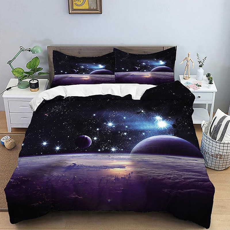Duvet Cover Set with Zipper Reversible Universe Moon Printed Design Soft Microfiber Bedding Set Includes Duvet Cover and Pillowcases Perfect for Adding a Cosmic Touch to Your Bedroom Decor2