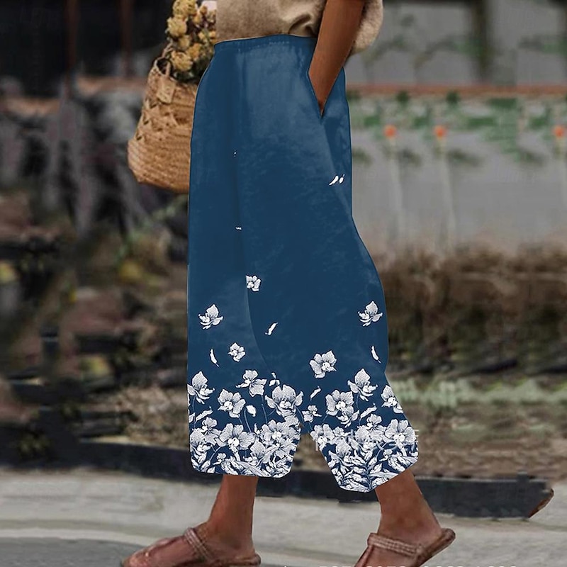 Women's Pants Trousers Fashion Long Floral Side Pockets Print Breathability Comfortable Inelastic Casual Daily White Pink Blue Dark Blue Spring & Summer Regular Fit3