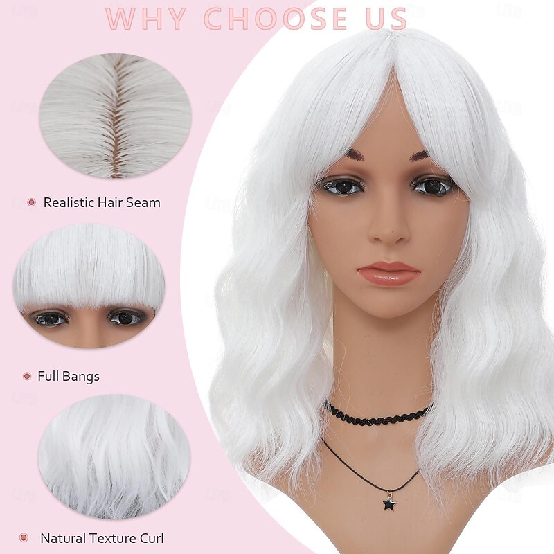 Wig with Bangs for Women, Short Wavy Curly Wigs 14 Inch Shoulder Length Wig Party Cosplay Halloween Wigs3