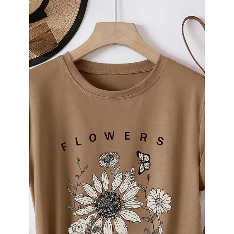 Women's T Shirt Sunflower Daisy Letter Fashion Basic Short Sleeve Crew Neck Regular Tops Daily Weekend Print Pink Green Khaki Summer4