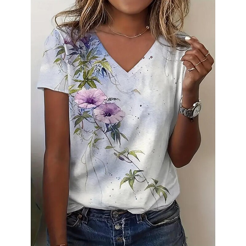 Women's T Shirt Casual Floral Print Short Sleeve Regular Tops V Neck Daily White Summer