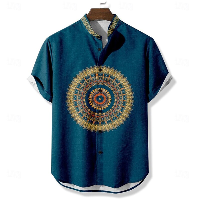 Men's Ethnic Shirt Button Up Shirt Short Sleeve Casual Tribal Vacation Daily Summer Spring Grandad Collar Band Collar Buttons Print Black Blue Khaki3