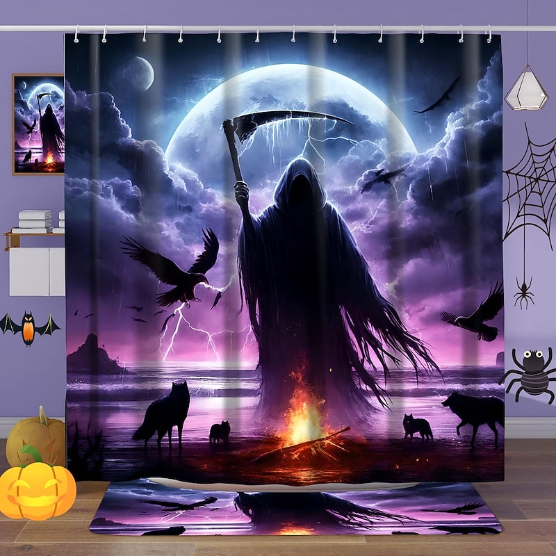 Halloween Shower Curtain with Hooks for Bathroom Shower Curtain  Bathroom Decor Set Polyester Waterproof 12 Pack Plastic Hooks Skull Heads4