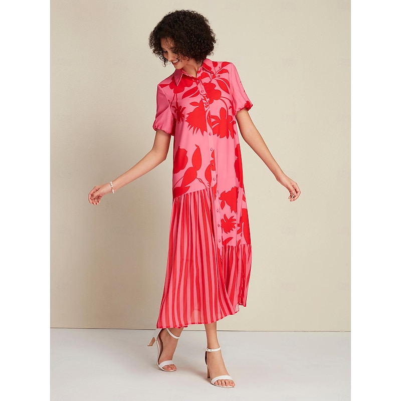 Chiffon&Satin Rose Red Floral Stripe Asymetric Hem Short Sleeve Maxi Dress4