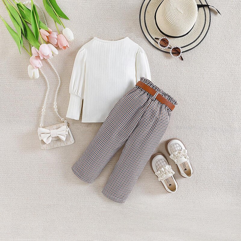 Girls' 3D Solid Color Plaid T-shirt & Pants Set Long Sleeve Summer Casual Street Style Toddler 1-5 Years Crew Neck Outdoor Loose Fit3