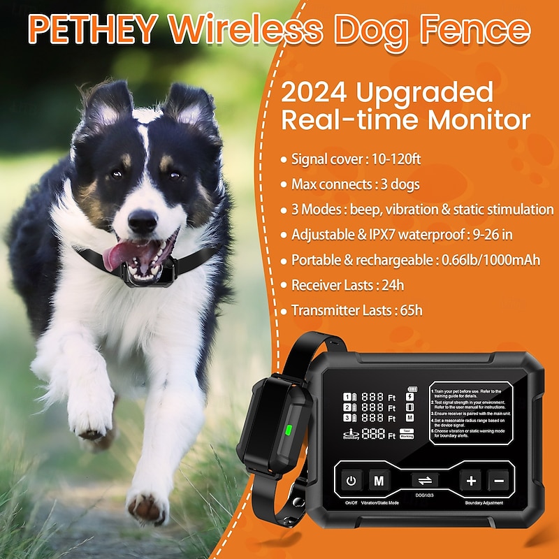 Wireless Dog Fence System Indoor & Outdoor Use 1 Acre High-precision Radar Electric Dog Fence System Real-time Monitoring 9-26in Medium & Large Breeds Not Limited by GPS Signal (For one dog)2
