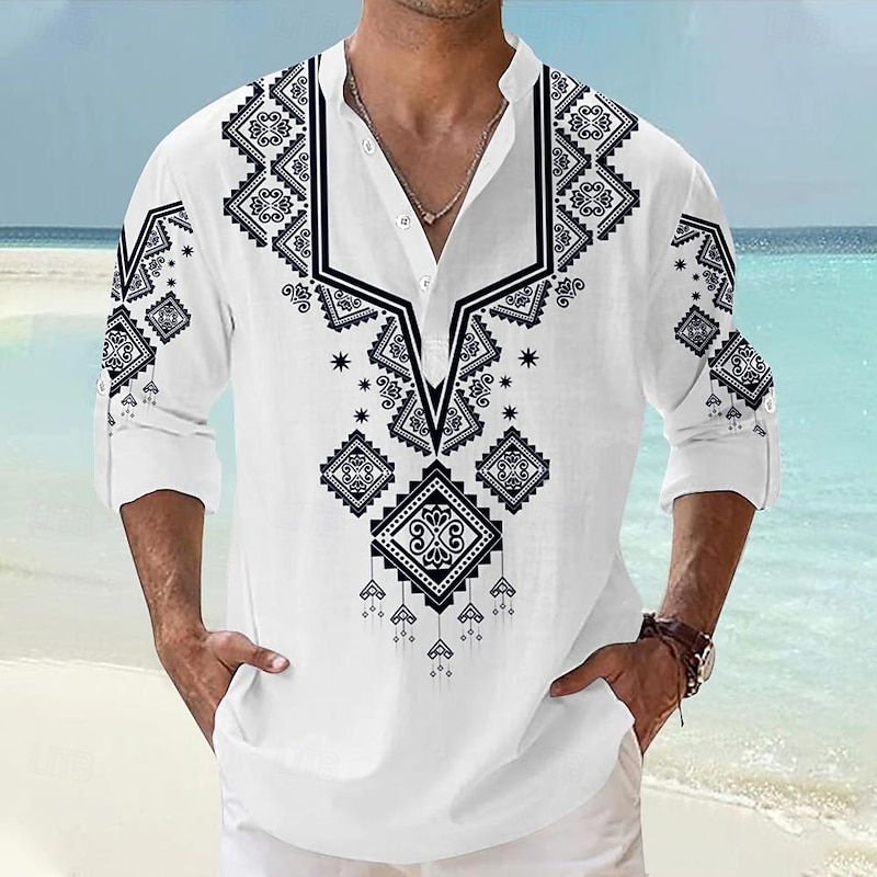 Men's Ethnic Shirt Button Up Shirt Henley Shirt Long Sleeve Vintage Casual Tribal Vacation Daily Beach Summer Winter Spring &  Fall Stand Collar Button Up 3D Print Light Blue White Green