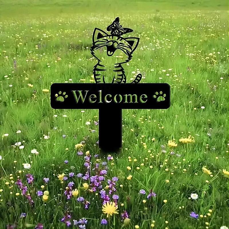 Metal Cat & Butterfly Yard Iron Art Insert French Bulldog Yard Garden Stakes Welcome Yard Sign. French Bulldog Decor2
