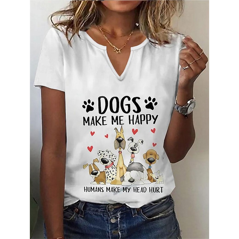Women's T Shirt Henley Shirt Basic Dog Letter Print Short Sleeve Regular Tops V Neck Daily Weekend Black White Red - Main Image