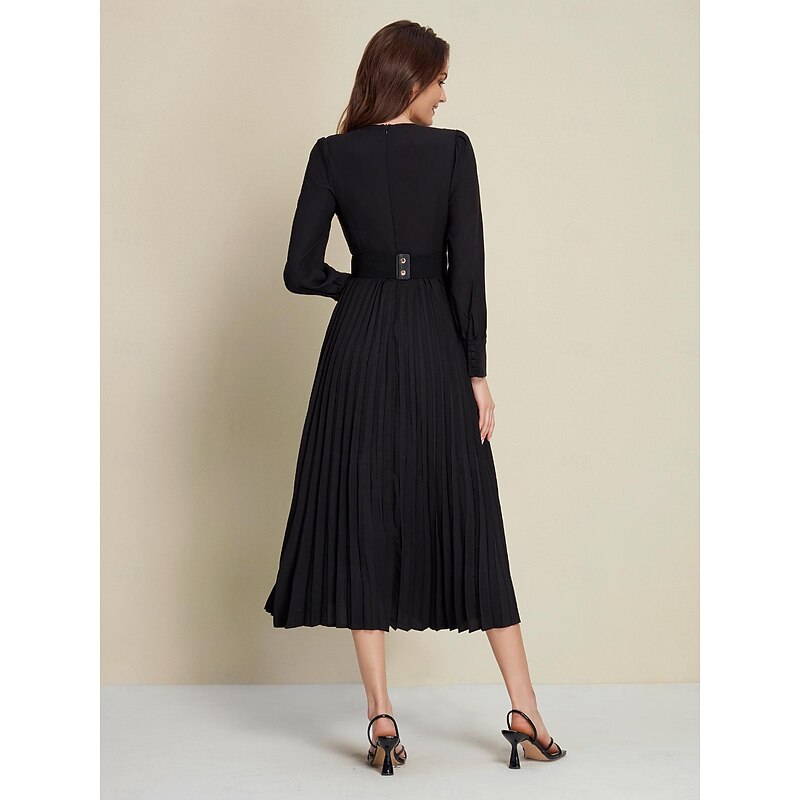 Black Satin Pleated Party/Wedding Guest Deep V Long Sleeve Belted Maxi Dress dress to impress 20242