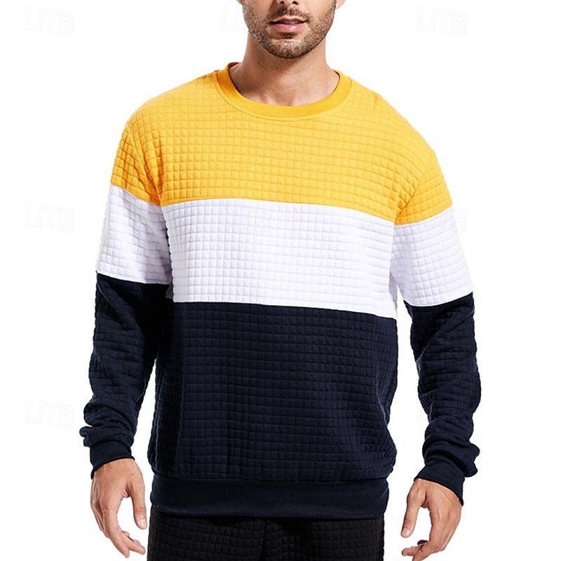 Men's Sweatshirt Black White Yellow Wine Army Green Crew Neck Color Block Patchwork Ribbed Textured Sports & Outdoor Daily Holiday Polyester Streetwear Basic Casual Spring &  Fall Clothing Apparel