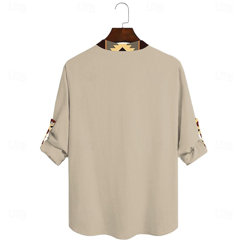 Men's Shirt Button Up Shirt Long Sleeve Tribal Fashion Casual Vacation Causal Casual Summer Spring &  Fall Stand Collar Buttons Print Yellow Green Khaki Beige2