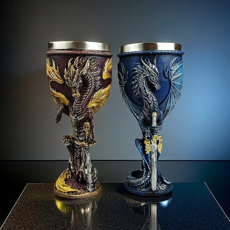 Medieval Dragon Sword Wine Goblet, 3D Dragon Stemmed Red Wine Glass with Stainless Steel Liner, Fantasy Barware Gift for Men and Women