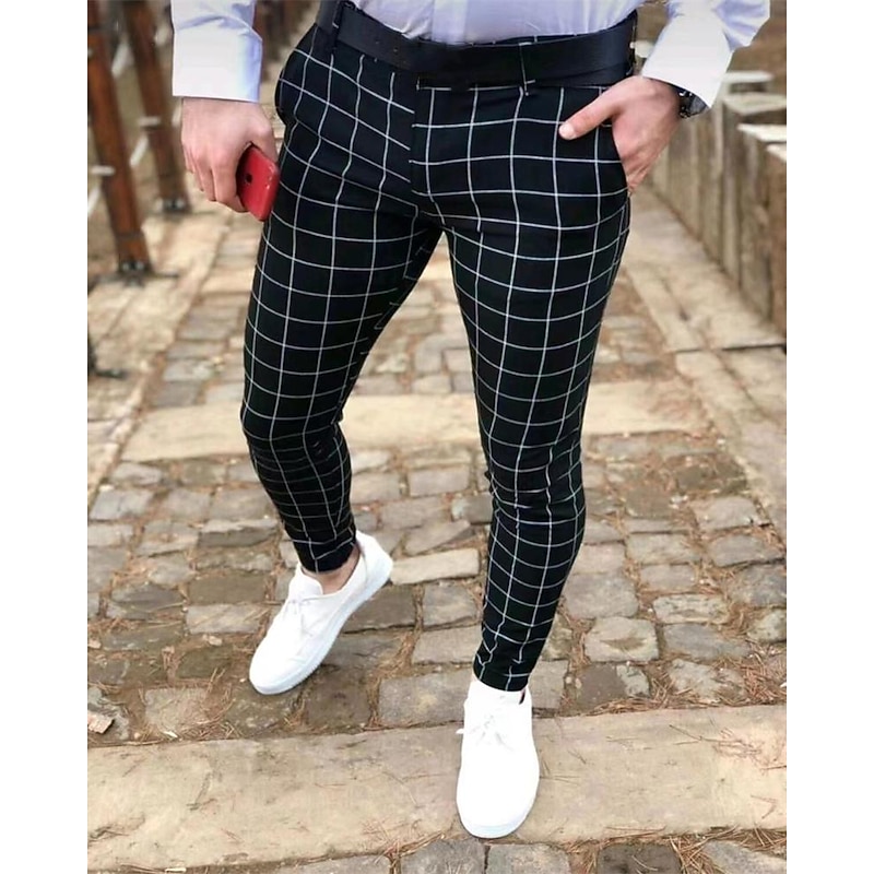 Men's Dress Pants Trousers Chinos Buttons Pocket Plaid Comfort Formal Party Work Fashion Classic Style Black Navy Blue Micro-elastic4