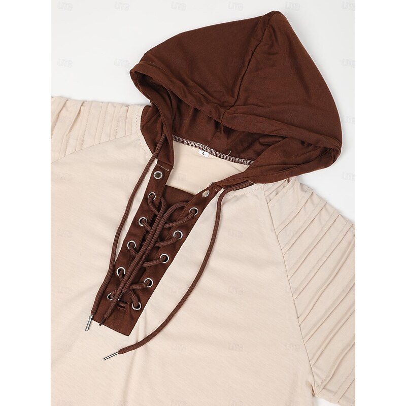 Men's T Shirt Tee Top Long Sleeve Shirt Long Sleeve Hooded Spring &  Fall Color Block Slim Pleated Fashion Designer Basic Lace up Patchwork Vacation Street Going out Black Green Khaki Top Tee for Men4