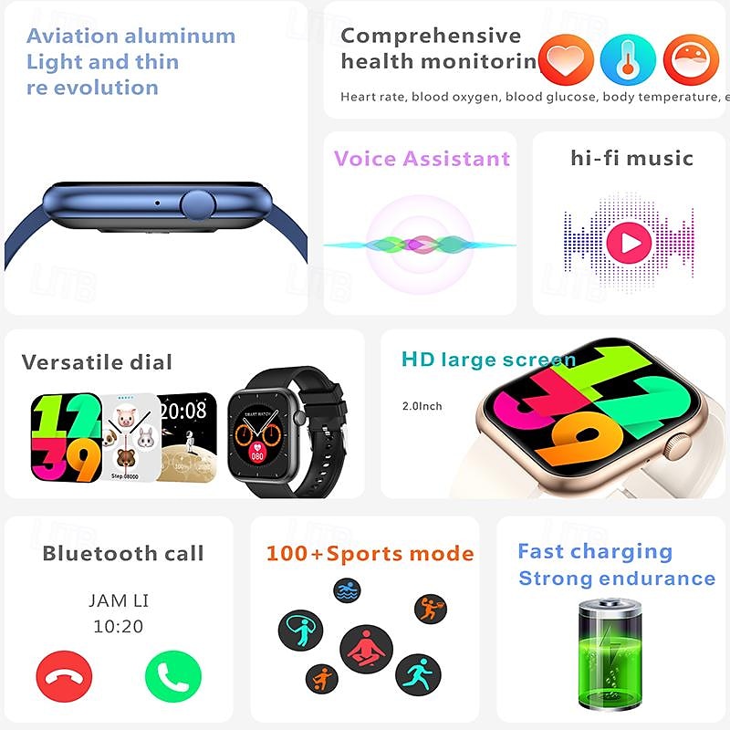 iMosi QX7 Pro Non-invasive Blood Glucose Smart Watch 2.0 inch Smartwatch Fitness Running Watch Bluetooth Temperature Monitoring Pedometer Bluetooth Call Compatible with Android iOS Women Men Waterproo2