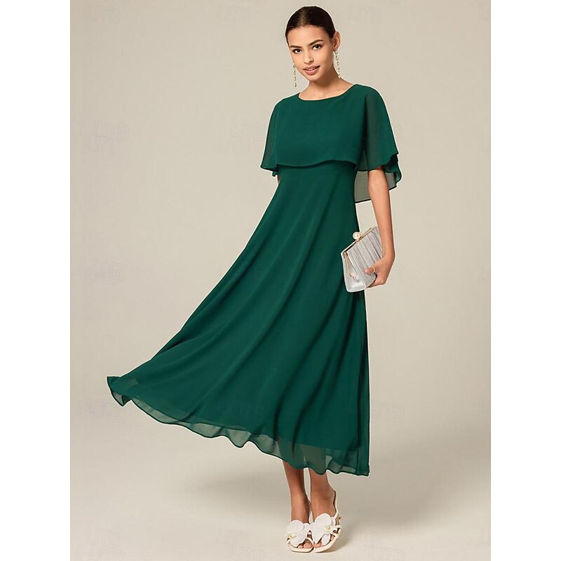 Women's  Wedding Guest Cocktail Dress Chiffon Ruffle Elegant Formal Midi A Line Dress Crew Neck Short Sleeve Flared Sleeve Dark Green Color2