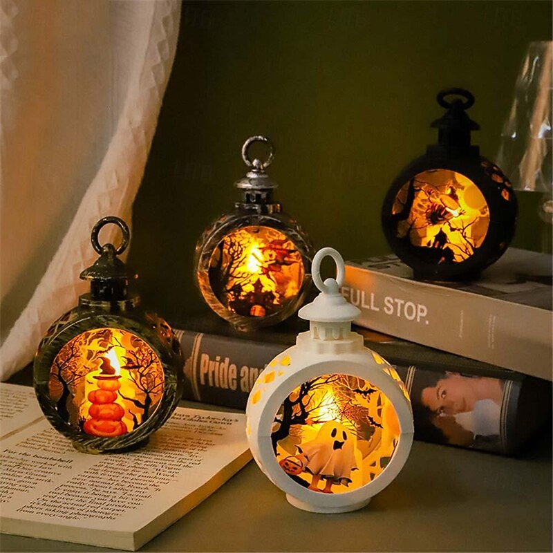 Vintage Halloween Decoration Lantern Electronic Candle Light Lighted Ghost Night Light, LED Light Up Pumpkin Light Ghost Festival Creative Decoration Props Hand-Held Small Oil Lamp 1pc
