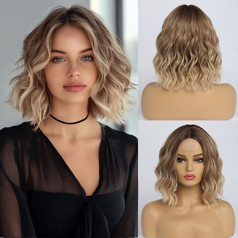 Short  Wavy Wig for Women 14 Inch Shoulder Length Middle Part Curly No Lace Wavy Bob Wig Natural Looking Synthetic Heat Resistant Fiber Wig for Daily Party Use Halloween Wigs
