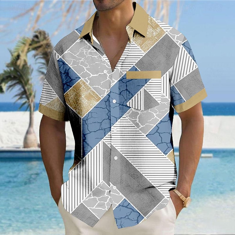 Men's Geometric Geometric Pattern Button Up Shirt Printed Shirts Short Sleeve Hawaiian Resort Outdoor Business / Ceremony / Wedding Summer Turndown Print Button-Down Blue Khaki Gray