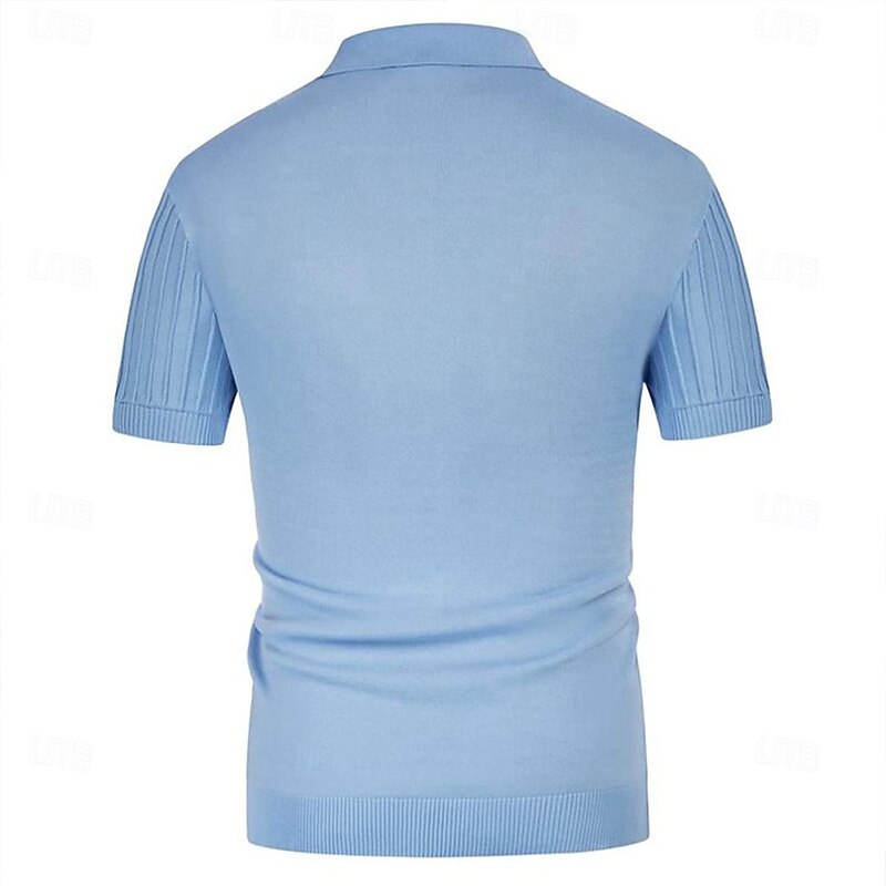 Men's Polo Golf Shirt Business Casual Ribbed Polo Collar Classic Short Sleeve Basic Modern Solid Color Knitted Ribbed Spring & Summer Regular Fit Light Blue Pink Green Polo3