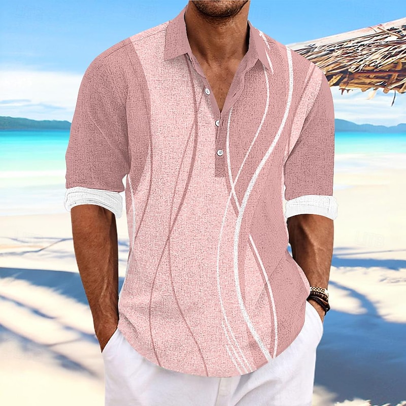 Men's Lines / Waves Geometric Pattern Button Up Shirt Henley Shirt Long Sleeve Hawaiian Resort Outdoor Casual Summer Spring Fall Turndown Pink Blue Khaki Gray4