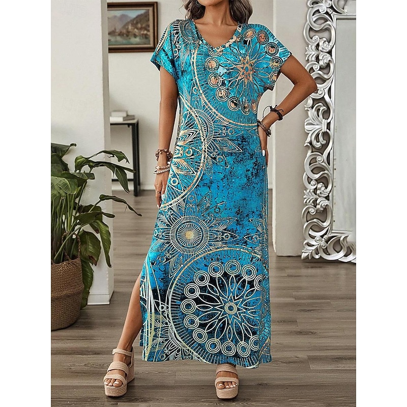 Women's Maxi Dress Sundress Shift Dress A Line Dress Casual Drop Shoulder Daily Loose Fit Graphic Short Sleeve V Neck Blue Green Summer4