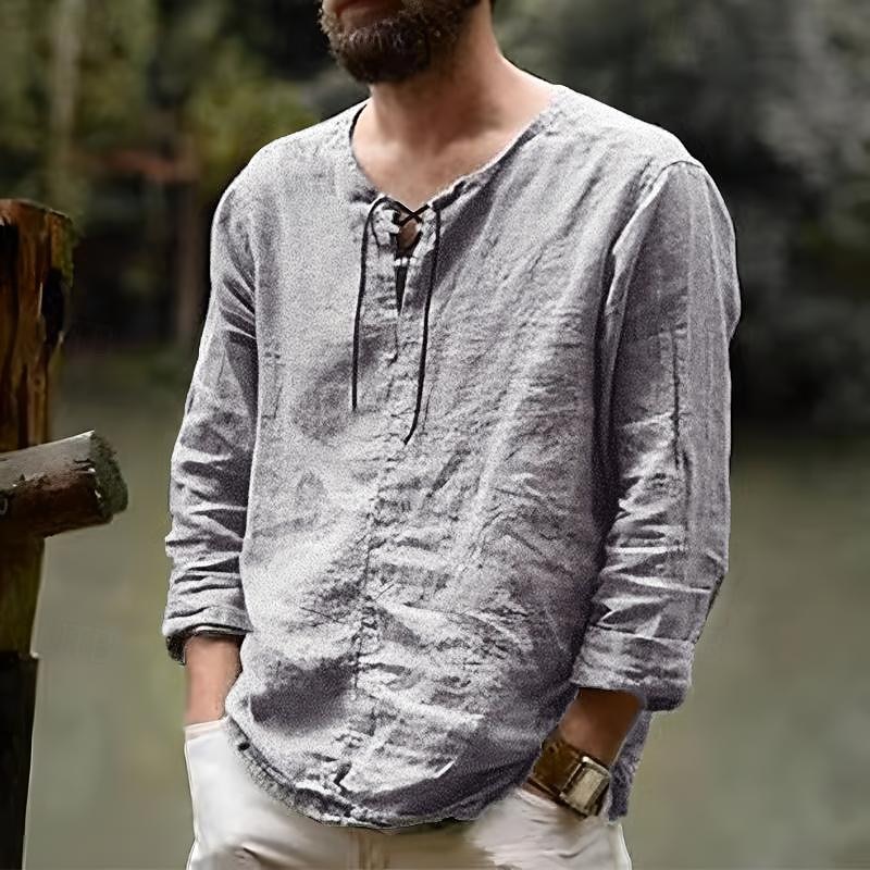 Men's Linen Shirt Renaissance Festival Viking Style Summer Shirt Beach Wear Maroon Black White Pink Long Sleeve Solid Color Collarless Outdoor Street Clothing Apparel