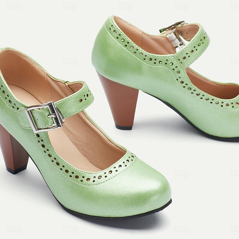 Women's Mint Green Mary Jane Heels with Buckle Strap and Perforated Design for Parties and Casual Wear4