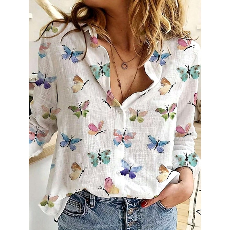 Women's Shirt Button Down Tunic Shirt Collar Long Sleeve Elegant Stylish Butterfly Print Daily White Yellow Spring Fall - Main Image