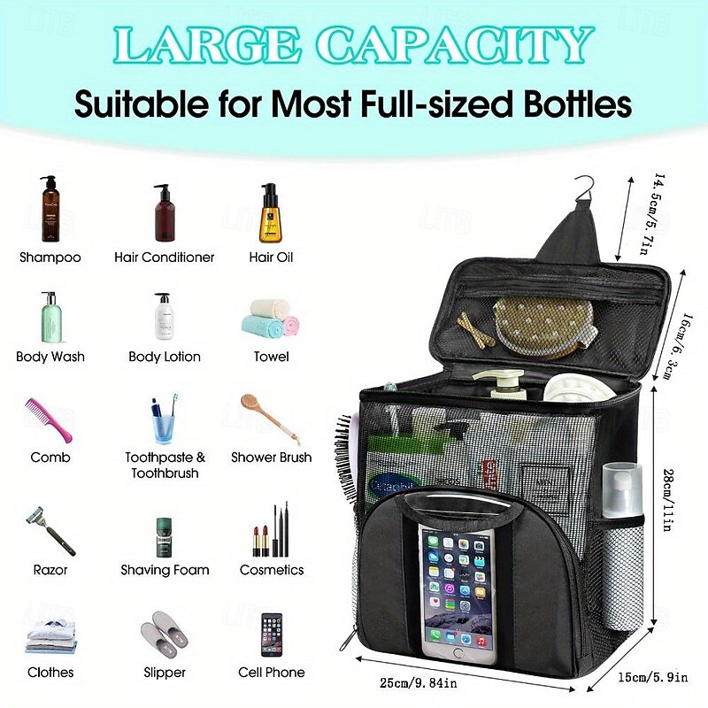 Waterproof Hanging Shower Caddy Organizer with 7 Flexible Holders.Quick Dry Mesh Toiletry Bag with Touch-Friendly Pocket for Smartphones Wall-Mount Shower Tote for College Dorm Gym and Travel 1PCS3