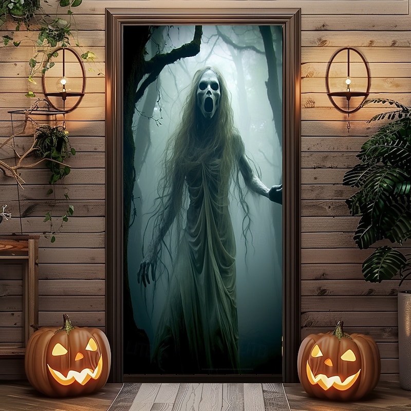 Halloween Door Decorations Ghost Bride Halloween Door Covers Door Tapestry Door Curtain Decoration Backdrop Door Banner for Front Door Farmhouse Holiday Party Decor Supplies4
