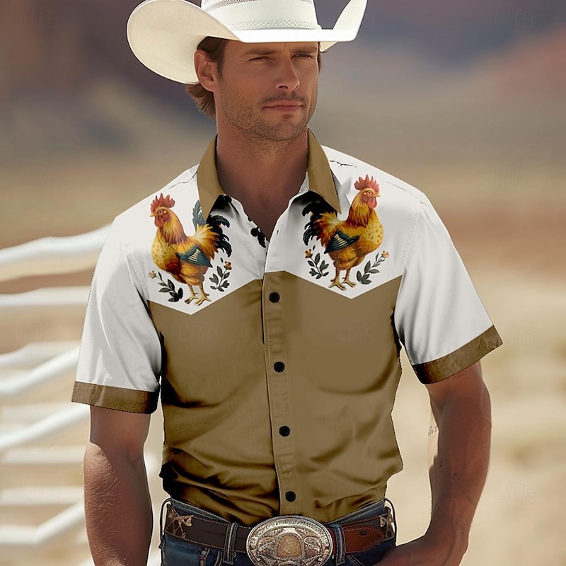 Men's Rooster Shirt Western Shirt Cowboy Shirt Short Sleeve Western Style Outdoor Summer Spring Shirt Collar Black Khaki