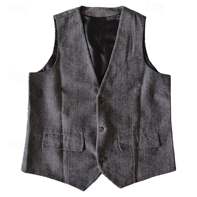 Men's Vest Gilet Wedding Event / Party Daily Fashion Business Spring & Summer Button Pocket Polyester Comfortable Solid Color Single Breasted One-button V Neck Regular Fit Silver Dark Brown Black2