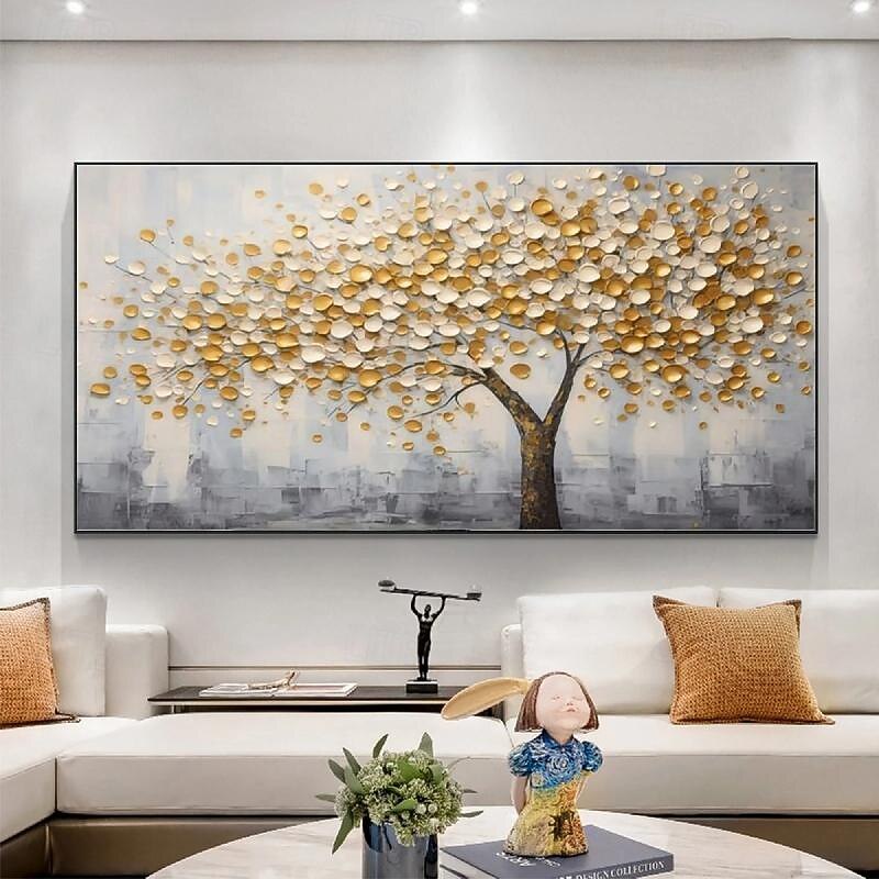 Large 3D Golden Tree Canvas Oil Painting handmade Autumn Nature Landscape painting handmade  Wall Art Botanical Knife Painting Light Luxury for Living Room Decor