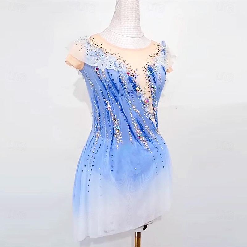 Figure Skating Dress Women's Girls' Ice Skating Dress Blue Patchwork Thumbhole Mesh High Elasticity Training Competition Skating Wear Classic Sleeveless Ice Skating Figure Skating3