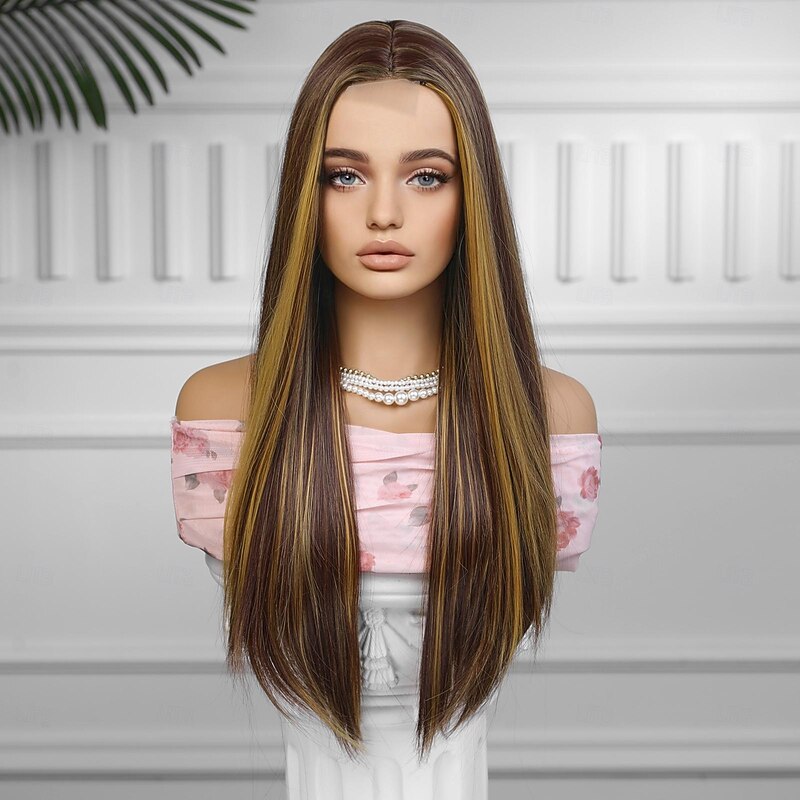 Synthetic Lace Wig Body Wave Style 28 inch Brown Middle Part U Part Wig Women's Wig Brown / Burgundy2