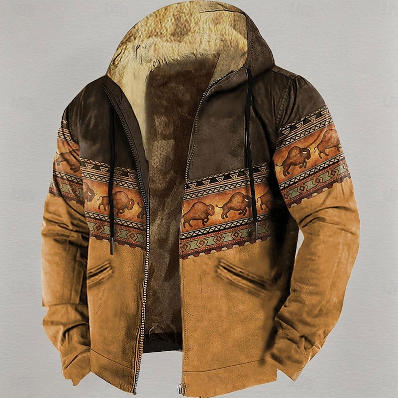 Men's Animal Color Block Graphic Prints Hoodie Hoodies Sweatshirt Designer Thin fleece Long Sleeve Hooded Casual Daily Holiday Brown Brown 2 Zipper Print Winter Designer