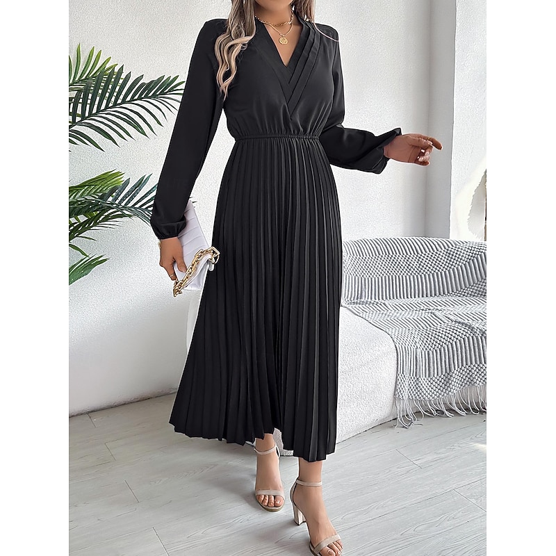 Women's Work Dress Satin A Line Dress Fashion Office Long Dress Maxi Dress Pleated V Neck Long Sleeve Plain Regular Fit Black Wine Brown Spring Fall S M L XL3