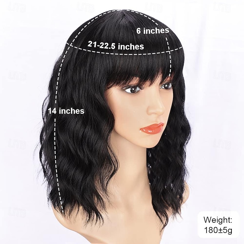 Bob Curly Wig Synthetic Short Black Wig with Bangs Natural Looking Heat Resistant Fiber Hair for Women3