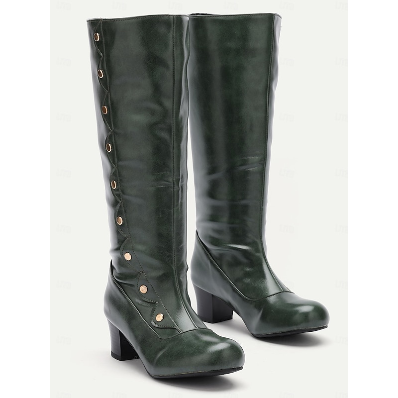 Women's Green Knee-High Vintage Fashion Boots - Stylish Button-Decorated Heeled Boots for Fall and Winter, Perfect for Casual and Formal Wear3