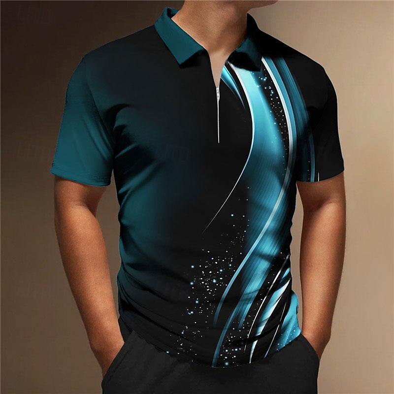 Men's Geometric Zip Polo Shirts Golf Shirt Short Sleeve Polo Shirts Collared Shirts Business Casual Vacation Wear Formal Wear Festival Wear 3D Print Quarter Zip Polo Wine Blue